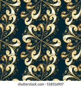 Seamless vintage pattern on blue background with golden elements.