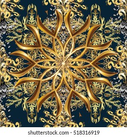 Seamless vintage pattern on blue background with golden elements.