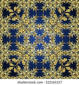 Seamless vintage pattern on blue radial background with golden elements.