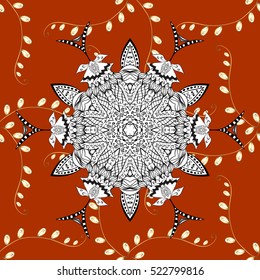 Seamless vintage pattern on blue background with golden elements. White mandala.