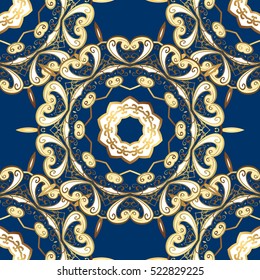 Seamless vintage pattern on blue background with golden elements.