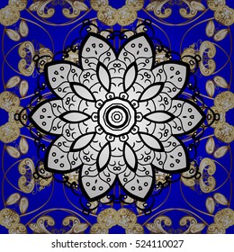 Seamless vintage pattern on blue background with golden elements. White mandala.