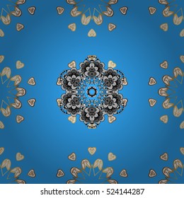 Seamless vintage pattern on blue background with golden elements. Golden and gray mandalas.