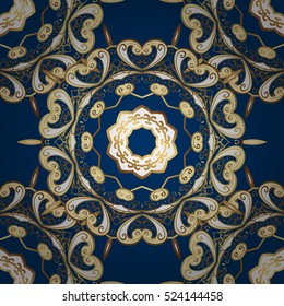 Seamless vintage pattern on blue background with golden elements.
