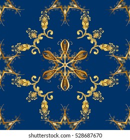 Seamless vintage pattern on blue background with golden elements.