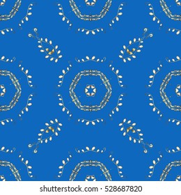 Seamless vintage pattern on blue background with golden elements.