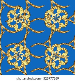 Seamless vintage pattern on blue background with golden elements.