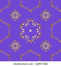 Seamless vintage pattern on blue background with golden elements.