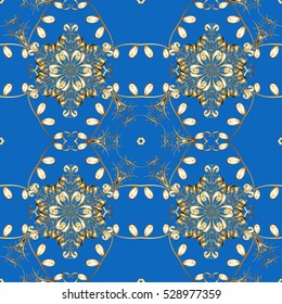 Seamless vintage pattern on blue background with golden elements.