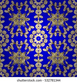 Seamless vintage pattern on blue background with golden elements.