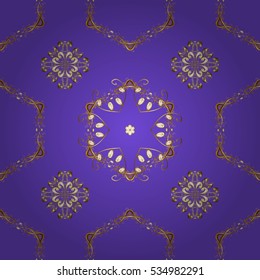 Seamless vintage pattern on blue background with golden elements.