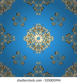 Seamless vintage pattern on blue background with golden elements.