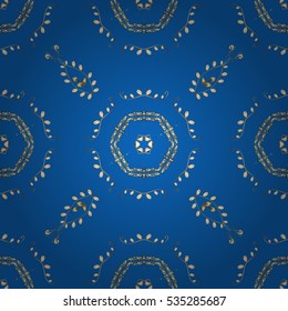 Seamless vintage pattern on blue background with golden elements.