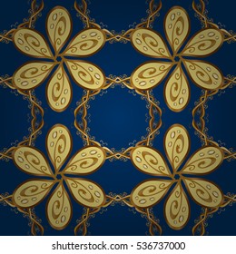 Seamless vintage pattern on blue background with golden elements. Petal flower. Radial gradient shape.