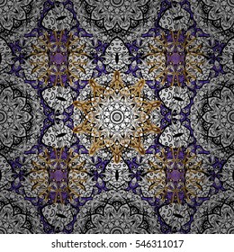 Seamless vintage pattern on blue background with golden and white elements. Vector. Radial gradient shape.