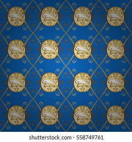 Seamless vintage pattern on blue background with golden elements. Radial gradient shape.