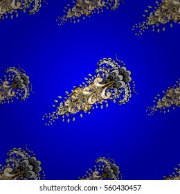 Seamless vintage pattern on blue background with golden elements. Radial gradient shape.