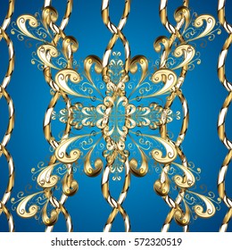 Seamless vintage pattern on blue background with golden elements. New Year, Christmas, snowflake.