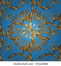 Seamless vintage pattern on blue background with golden elements. Radial gradient shape.