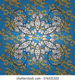 Seamless vintage pattern on blue background with golden elements. Radial gradient shape.