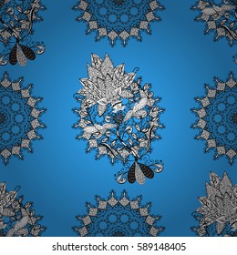 Seamless vintage pattern on blue background with white elements. Christmas, snowflake, new year 2018.