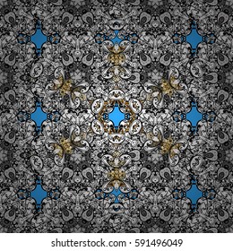 Seamless vintage pattern on blue background with golden elements and with white doodles. Christmas, snowflake, new year.