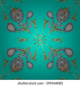 Seamless vintage pattern on blue background with golden elements and with white doodles. Christmas, snowflake, new year.