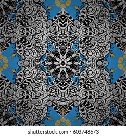 Seamless vintage pattern on blue background with golden elements. Christmas, snowflake, new year. Golden pattern on blue background with golden elements.