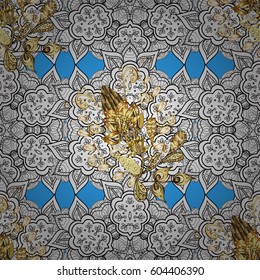 Seamless vintage pattern on blue background with golden elements and with white doodles. Christmas, snowflake, new year.
