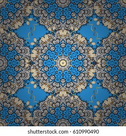 Seamless vintage pattern on blue background with golden elements and with white doodles. Christmas, snowflake, new year.
