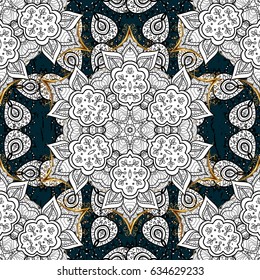 Seamless vintage pattern on blue background with golden elements and with white doodles. Christmas, snowflake, new year.