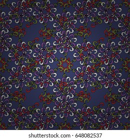 Seamless vintage pattern on blue background with colorful elements. Christmas, snowflake, new year 2018.
