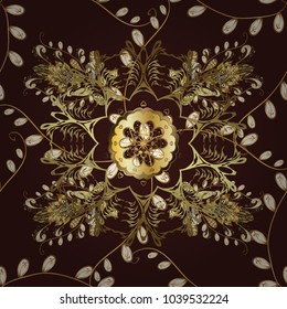 Seamless vintage pattern on brown, yellow and white colors with golden elements. Christmas, snowflake, new year 2019.