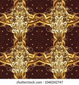 Seamless vintage pattern on brown, beige and yellow colors with golden elements. Christmas, snowflake, new year 2019.