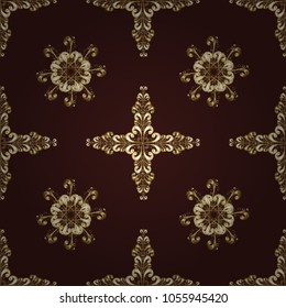 Seamless vintage pattern on brown, beige and neutral colors with golden elements. Christmas, snowflake, new year 2019.