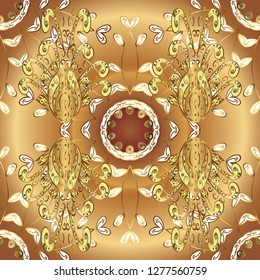 Seamless vintage pattern on brown and beige colors with golden elements. Christmas, snowflake, new year 2019.