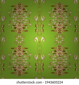Seamless vintage pattern on brown, beige and green colors with golden elements. Golden seamless pattern on brown, beige and green colors with golden elements. Christmas, snowflake, new year.