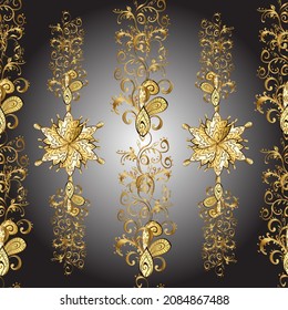 Seamless vintage pattern on brown, gray and yellow colors with golden elements. Christmas, snowflake, new year 2019.