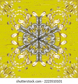 Seamless vintage pattern on brown, white and yellow colors with golden elements. Christmas, snowflake, new year 2023.