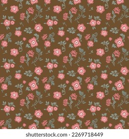 Patrón vintage sin foco sobre fondo marrón. Flores rojas pequeñas con hojas verdes. Textura vectorial. Impresión de moda brillante para textiles y papel pintado.