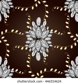 Seamless vintage pattern on brown background with golden elements.
