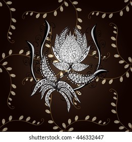 Seamless vintage pattern on brown background with golden elements.