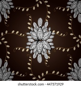 Seamless vintage pattern on brown background with golden elements.