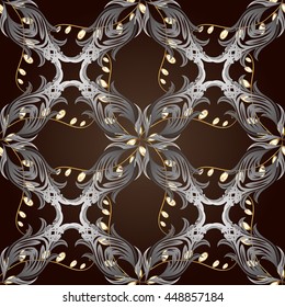 Seamless vintage pattern on brown background with golden elements.