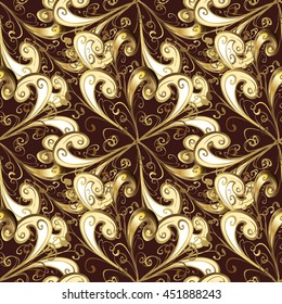 Seamless vintage pattern on brown background with golden elements.