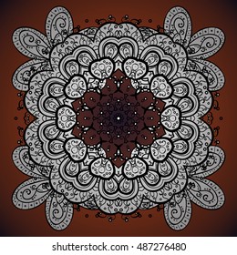 Seamless vintage pattern on brown background with white doodles elements.
