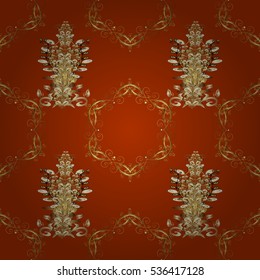 Seamless vintage pattern on brown and red background with golden elements. Radial gradient shape.