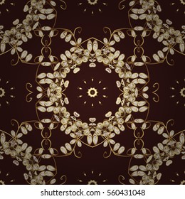 Seamless vintage pattern on brown background with golden elements. Radial gradient shape.