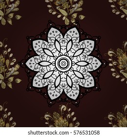 Seamless vintage pattern on brown background with golden elements. Radial gradient shape.