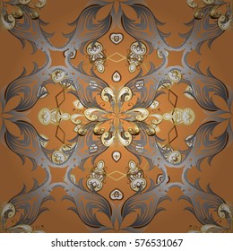 Seamless vintage pattern on brown background with golden elements. Radial gradient shape.